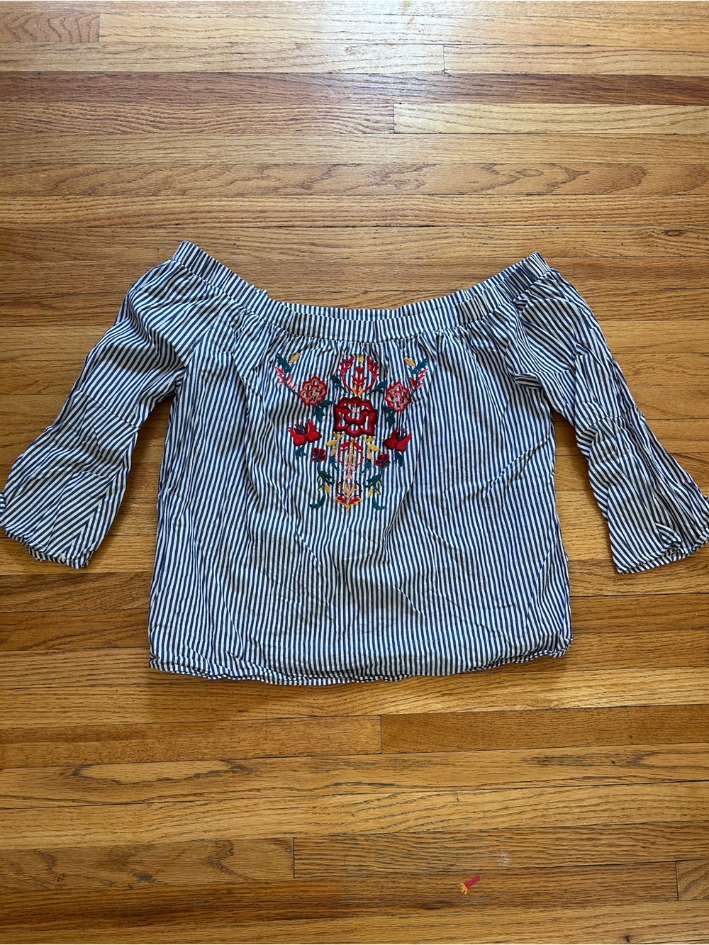 Blue Rain Blue and White Striped Off-Shoulder Embroidered Top